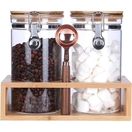 Glazen container met deksel, luchtdichte beugelsluiting, voorraadpotten, borosilicaatglas, voorraaddozen voor koffie, bonen, suiker, muesli, noten, koekjes, 1200 ml, 2 stuks, bamboe rek en lepel