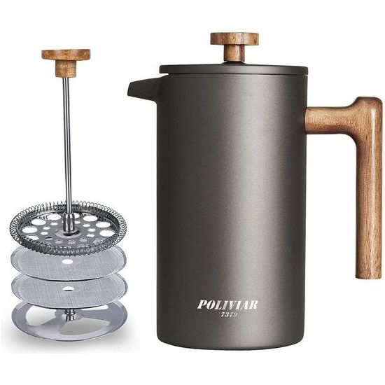 Koffiezetapparaat, 1 liter/8 kopjes, dubbelwandige geïsoleerde koffiepot en theebereider, handfilter, koffiepers met plunger en handvat van hout, Cliff (grijs)