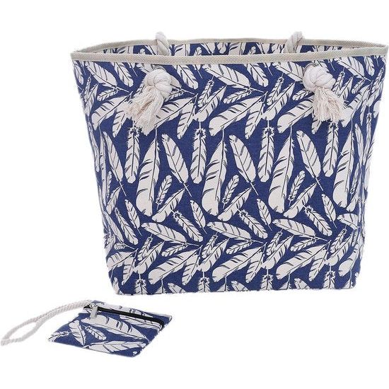 Grote strandtas met ritssluiting 58 x 38 x 18 cm verenopdruk shopper schoudertas strandstijl, blauw