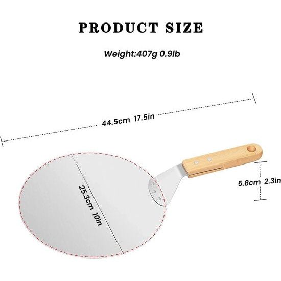 Food Grade roestvrijstalen pizzaschep met 22 cm houten handvat 25,5 x 25,5 cm / 10 inch pizza voor het bakken handgemaakte pizza verfijnde pizza-ovenaccessoires (pizzaschep)