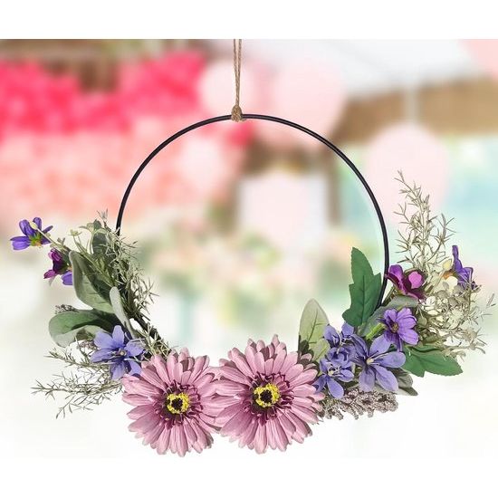 Deurkrans, krans, decoratie, kunstbloemen, gerbera, krans, slinger, welkom, slinger, lente, wandkrans, metalen decoratie, ringen, lentedecoratie voor Pasen, bruiloft, woonkamer, bruiloft