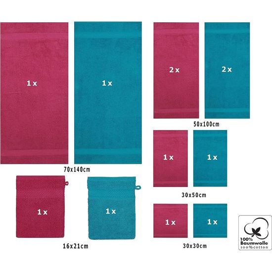 handdoekenset, 100% katoen, 2 ligdoeken, 4 handdoeken, 2 gastendoekjes, 2 washandjes, 2 washandjes, kleur cranberry en petrol