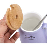 Keramische kom - 420 ml - mooie kat, met lepel en houten deksel - koffie, water, melk, beker om te drinken - Lila