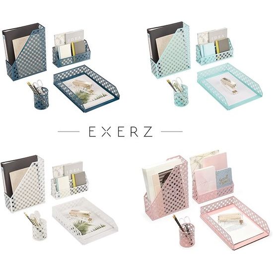 bureau-organizer 4-delige kantoorset/tafelbladplank metalen rooster Inclusief: A4 brievenbakje x 1, A4 krantenrek x 1, brievenhouder x1, pennenhouder x 1 - wit