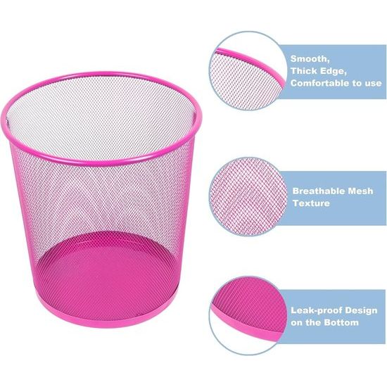 Prullenbak voor kantoor, 12 liter, afvalemmer, prullenbak van draadvlechtwerk, prullenbak, metalen bureauemmer mesh, rond, roze