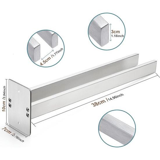 Towel Rail Drilling Stainless Steel Towel Rail Square Double Towel Holder Drilling Towel Holder Bathroom Kitchen Towel Holder Double Arm Bath Towel Holder Wall Silver 39 cm