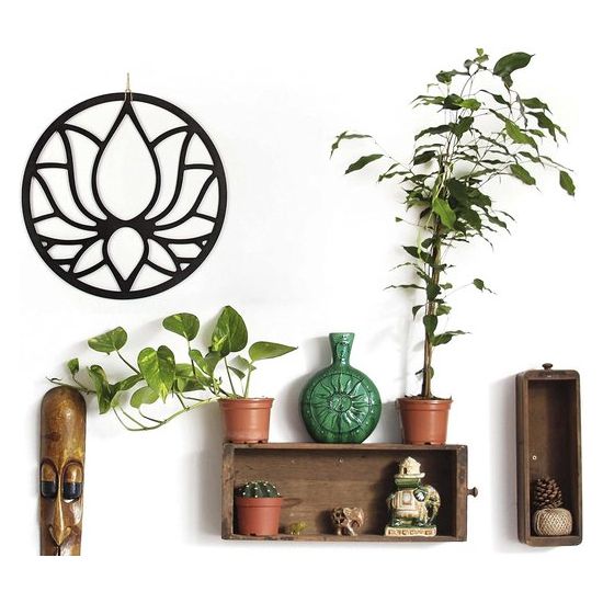 Lotus bloem decoratie houten wanddecoratie. Lotus bloem decoratie wanddecoratie lotus bloem foto decoratie houten muur vintage tuindecoratie meditatie accessoires 3D mandala muurafbeelding niet-metaal (lotus bloem, zwart)