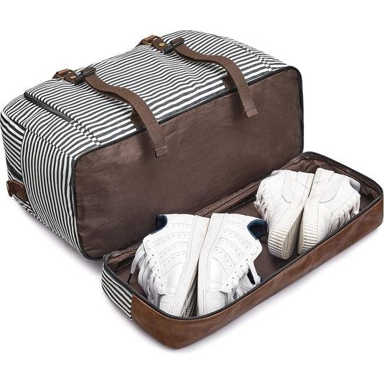 Uniex 50L weekendtas reistas canvas tas plus maat handbagage sporttas reistas voor overnachting met PU-leren band en schoenenvak, zwart (zwart gestreept)