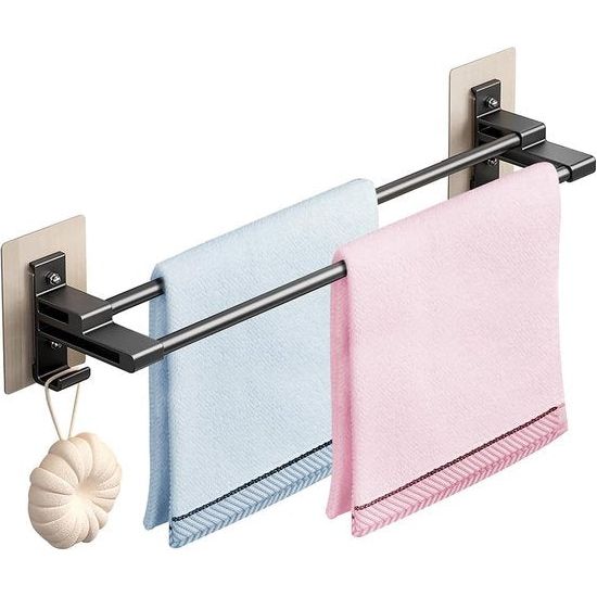 Badhanddoekhouder, zonder boren, zwart zelfklevend handdoekrek met antiroest aluminium, 2-laags dubbele stang, wandgemonteerd handdoekenrek zwart en 2 haken voor badkamer keuken douche (58 cm)