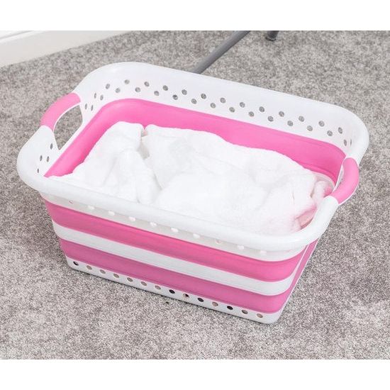 ruimtebesparende rechthoekige opvouwbare wasmand 45L wit roze