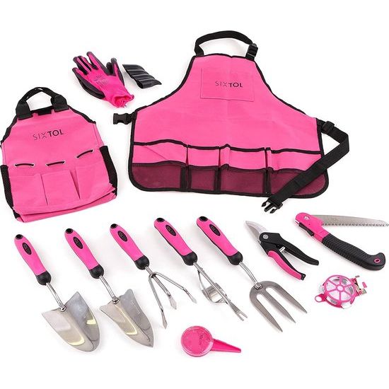 Garden PINK 12 tuingereedschap Set | 12 stuks Tuinaccessoires van roestvrij staal | Praktisch tuinschort en tas als geschenk vrouwen | Voor tuinders (PINK, 12) (PINK, 12)