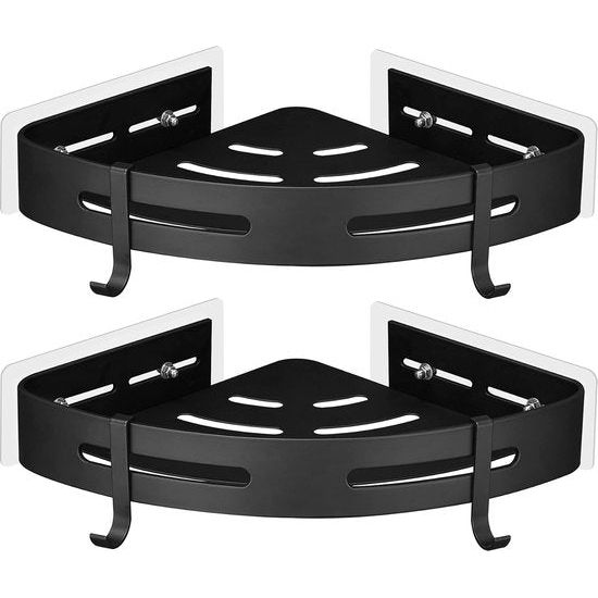 Hoekplank, douchemand, doucheplank, zonder boren, doucheplank, ruimte-aluminium, met 4 haken, doucheplank, badkamerrek met sticker, badkamerrek voor badkamer en keuken, 2 etages, zwart