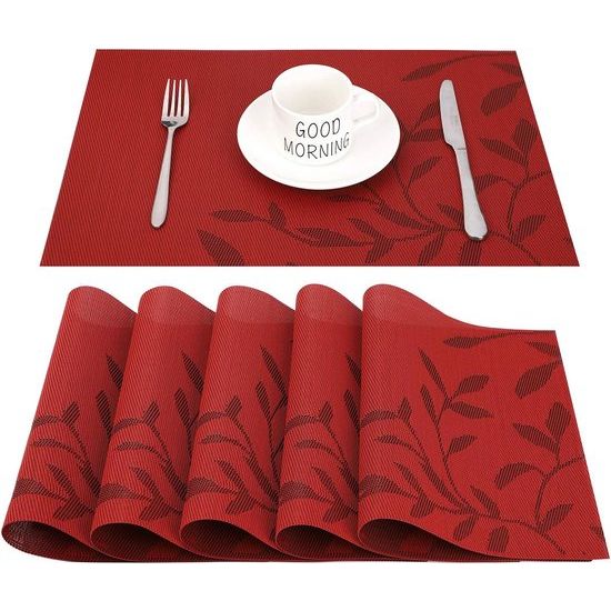 Placemat, afwasbaar, set van 6, pvc, slijtvast, hittebestendig, antislip, voor keuken, thuis, restaurant, eettafel, 45 cm x 30 cm (rood)