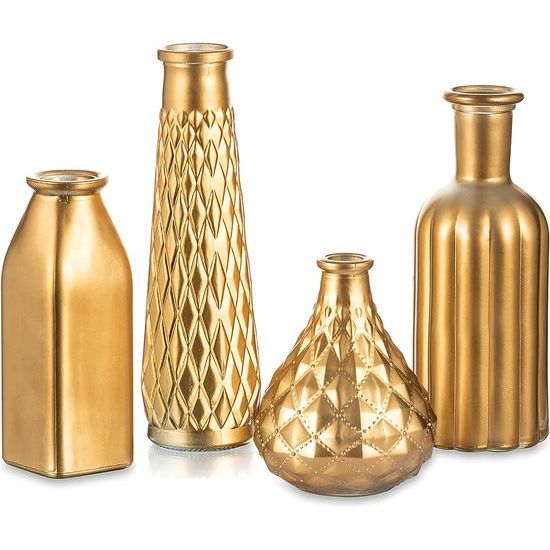 glazen vaas, gouden vazen, kleine vaas, 4-delige set, moderne mini-glazen vazen, bruiloft, decoratie, luxe bloemenvaas voor tafeldecoratie, kunst, creatieve cadeau-ideeën, 22 cm