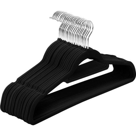 Premium antislip fluwelen hangers - Robuuste fluwelen hangers met stropdashouder - Sterke, ruimtebesparende hangers voor overhemden, jassen, jurken (zwart, 20 stuks)