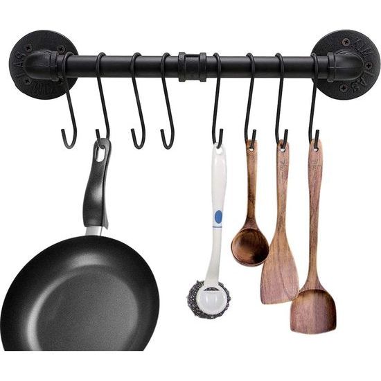 40cm Industrieel Pijp Pannenrek met 8 Haken - Wandmontage Keukengerei Kookgerei Hanger Organizer Keukengerei Deksels