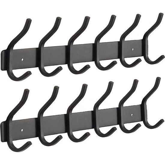 Kledinghaken, haaklijst, garderobehaken, RVS met 6 haken, wandhaken, garderobelijst voor slaapkamer, badkamer (zwart, 6 haken, 2 stuks)