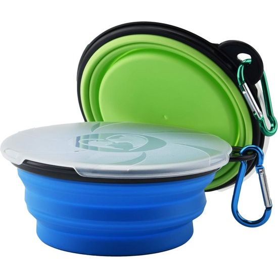 Set van 2 opvouwbare hondenbakken, reisbak voor huisdieren met deksel en haak, draagbare siliconen voerbak, hondenbak voor reizen, wandelingen, kennel, kamperen (450 ml, blauw en groen)