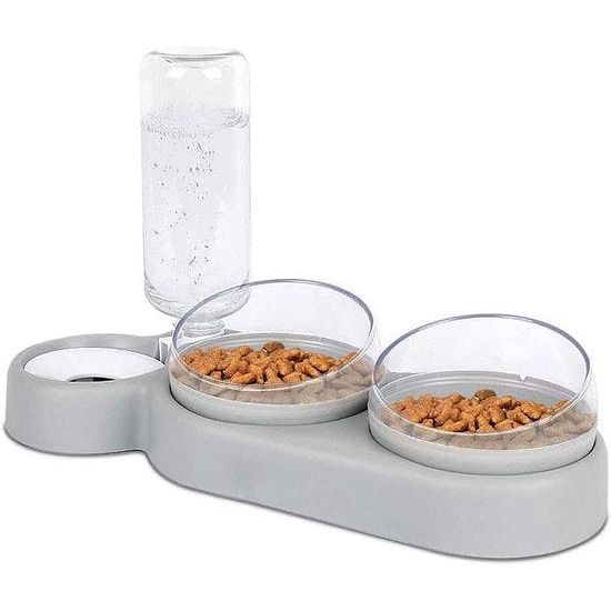 Kattenbakset, 15° kantelbare dubbele natvoerbak met automatische waterfles voor kleine en middelgrote honden en katten