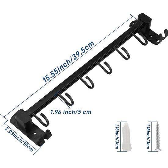 40 cm keukenhouder met 6 afneembare haken, aluminium messenhouder en potdekselhouder - keukenhulplijst - zwart
