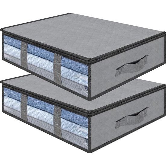 Opbergdoos, 2 stuks, opvouwbare onderbedcommode met kijkvenster en 4 handgrepen, 60 x 45 x 15 cm, kledingopslag voor kleding, dekens, dekbedden