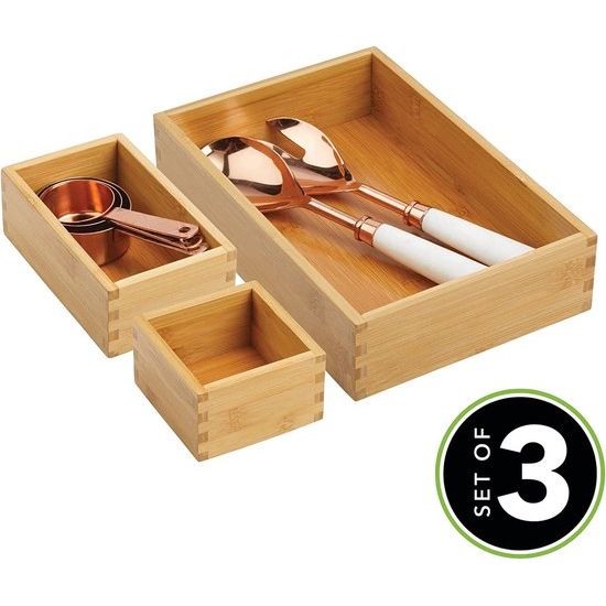 Opbergdoos voor de keuken – ladenbox van bamboe in verschillende maten – stapelbare lade-organizer voor bestek en keukengerei – set van 3 – natuurlijke kleuren