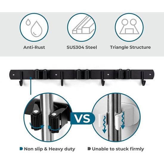 Damita bezemhouder voor muur, mophouder, wandhouder, bezem voor thuis, keuken, badkamer, tuingereedschap, roestvrij staal, antislip, wandhouder, 2 stuks (zwart, 3 houders en 4 haken)