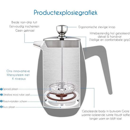 Franse pers 350 ml koffiezetapparaat Franse pers Dubbelwandig geïsoleerd thermisch koffiezetapparaat 304 roestvrij staal