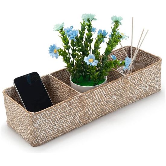 opbergmand, rechthoekig, plankmanden, natuurlijk geweven, gevlochten voor het organiseren van toiletpapier (witchen 42 cm x 14 cm x 9 cm)