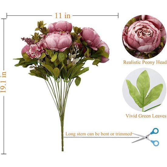 Pack van kunstmatige pioenroos boeket, 19 inch zijde grote pioenrozen bloemen met knoppen voor bruiloft thuiskantoor hotel decoratie, doe-het-zelf bloemstukken (Cameo Brown)