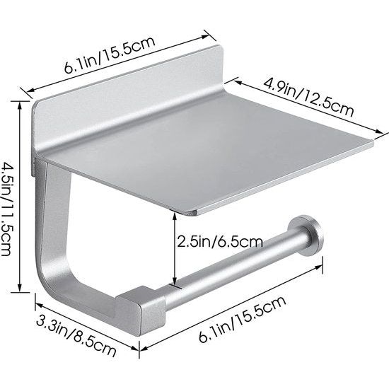 Toiletrolhouder met plank bijv. mobiele telefoon, papierhouder zonder boren, roestvrij aluminium toiletrolhouder voor toilet toilet keuken badkamer, wandhouder met spijker of 3M lijm, zilver