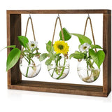 Vaas met vintage houten frame en 3 grote glazen vazen