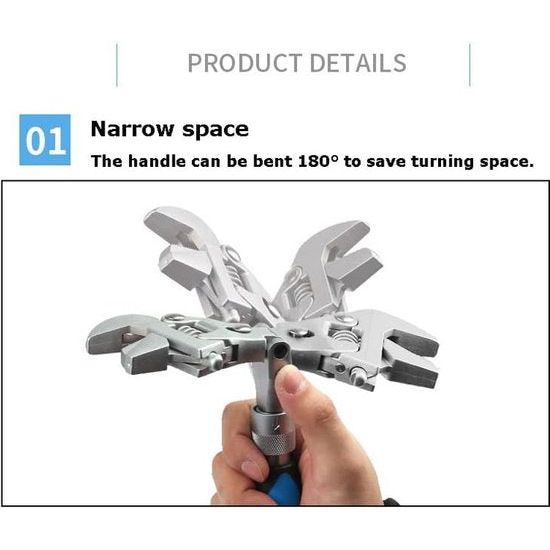 Verstelbare sleutel met flexibele kop, multifunctioneel, verstelbaar snelreparatiegereedschap voor pijpsleutels