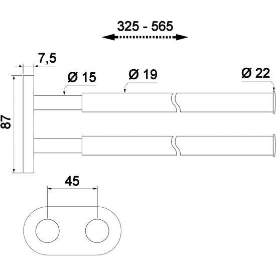 handdoek-uittreksel handdoekstang uittrekbaar | wand- handdoekhouder verchroomd gepolijst glanzend | handdoek-uittreksel 2 1-armig Metaal massief | lengte verstelbaar 325 – 565 mm | stangen-Ø 19 mm | van so-tech ®