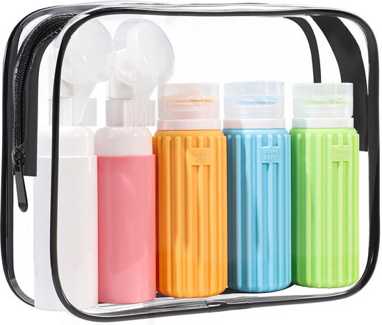Siliconen reisflessenset met labels, 5 stuks lekvrije reiscontainers en toiletartikelenset voor shampoo crème conditioner lichaamsverzorging, BPA-vrij en TSA getest 90ml & 60ml