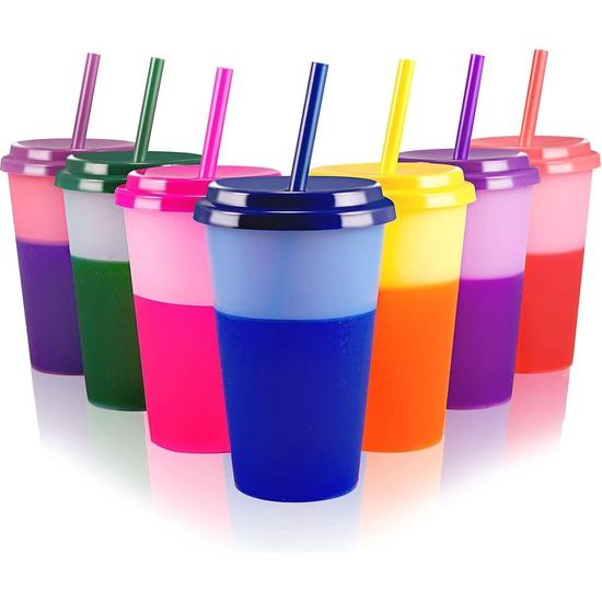 beker, beker, drinkbeker met rietje en deksel, 350 ml, kleurwisselbeker, herbruikbare plastic beker, kinderbeker, beker, reisbeker, tumbler ijskoffie, koud drinken, smoothie, sap, 7 stuks