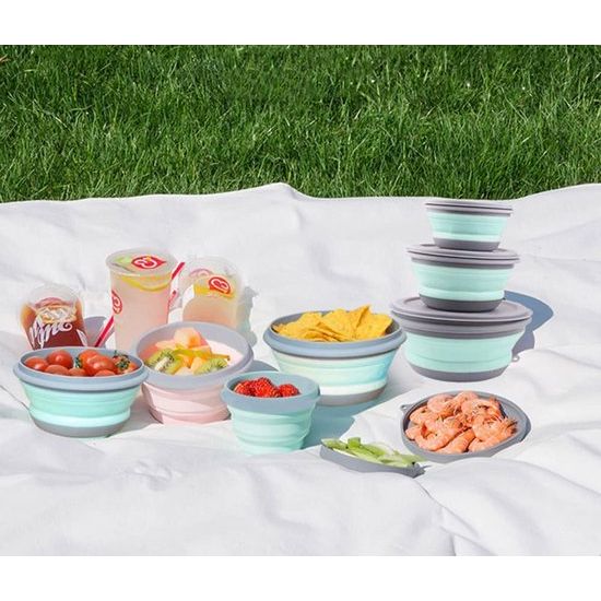 Opvouwbare Kom, 3 stks Draagbare Opvouwbare Siliconen Kom Camping Voedsel Opslag Dozen ronde Voedsel Opbergdoos, Opvouwbare fruitsalade kom voor kamperen, wandelen, keuken, Outdoor School, groen