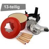 Gietijzeren fondueset voor 6 personen, 1 liter, fondueset 13-delig met branders en vorken, fondueset, kaasfondue-set, vleesfondueset, chocoladefondueset (rood/crème geëmailleerd)