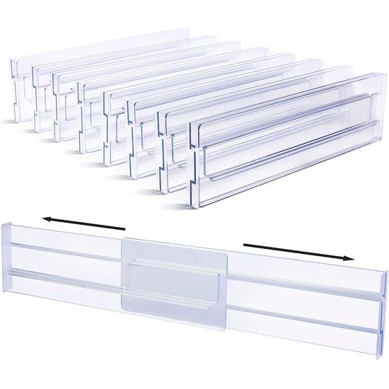 Set van 8 kunststof ladeverdelers verstelbaar (30,99-55,12 cm), transparante ladeverdelers, lade-organizer voor keukenopslag, slaapkamer, ladekast