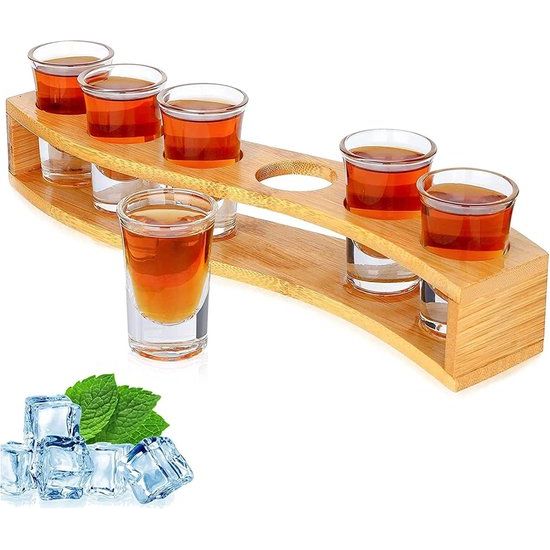 Set borrelglazen, 3 cl, houder en borrelglaasjes 1oz/30 ml drinkserveerplank organizer 6 gaten met helder glas, 6 stuks voor likeurshots tequila whisky brandy wodka rum home party bar cadeau