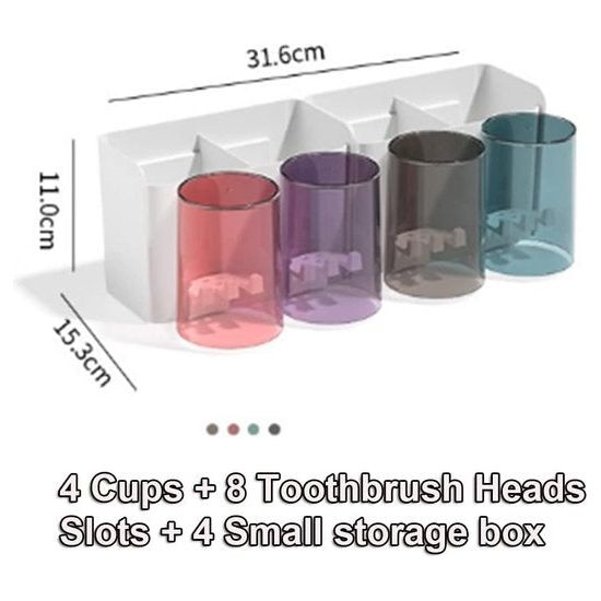 Tandenborstelhouder, zelfklevende tandenborstelhouder, 4 kopjes + 8 opbergvakken voor tandenborstelkoppen