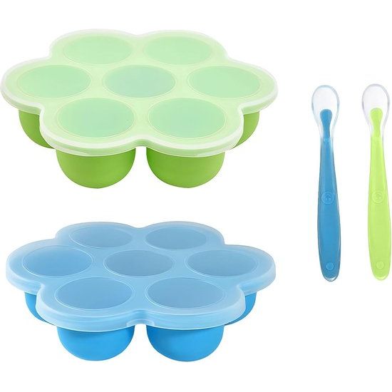 Siliconen babyvoedingcontainers 4-pack 7 compartimenten x 40 ml met 2 siliconenlepels voor eenvoudige zelfgemaakte voedselopslag BPA-vrij groen + blauw