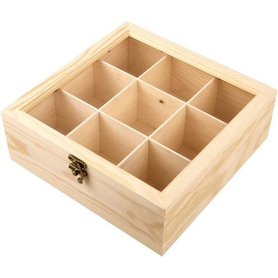 Sortierbox aus Holz, Storagebox met 9 vakken met 7,5x7,5x7 cm, Natuurholzbox in der Größe 25x25x8,7cm