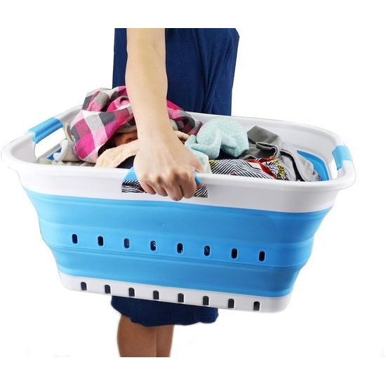 42L opvouwbare plastic wasmand - opvouwbare pop-up opslagcontainer/organizer - draagbare waskuip - ruimtebesparende mand/mand (wit/marineblauw, 1)