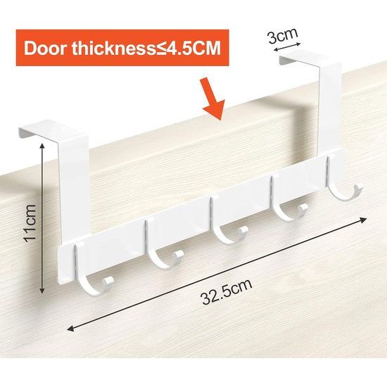 Deurkapstok met 5 haken, kapstokken voor deur zonder boren, deurhaken voor keuken, badkamer, woonkamer en hal (wit)