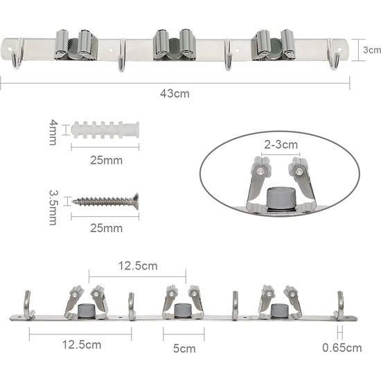 Bezemhouder, wandhouder, roestvrij staal, 2 stuks, bezemhouder, wandhouder met 4 haken, 3 houders, bezemhouder, zelfklevende gereedschapshouder, organizer voor tuin, keuken, garage