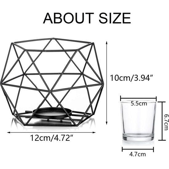 Theelichthouder, kandelaar, metaal, zwart, set van 6 geometrische theelichtjes, kaarsenstandaard, stompkaars, windlicht, modern, geo-decoratie voor tafeldecoratie, feest, bruiloft, woonkamer, Kerstmis