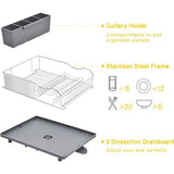 Afdruiprek, roestvrijstalen afdruiprek met antiroestframe, 2 richtingen uitloop afdruiprek ontwerp, verwijderbare 4 compartimenten gebruiksvoorwerphouder voor keuken, grijs