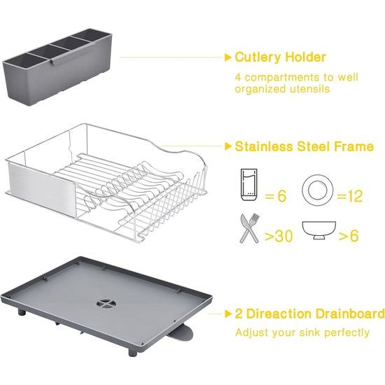 Afdruiprek, roestvrijstalen afdruiprek met antiroestframe, 2 richtingen uitloop afdruiprek ontwerp, verwijderbare 4 compartimenten gebruiksvoorwerphouder voor keuken, grijs