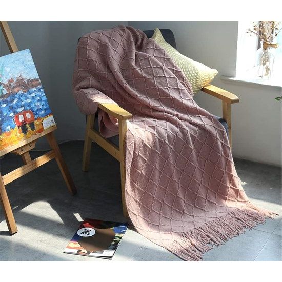 Woondeken, zacht, gebreid, wollen deken, kwastjes, knuffeldeken, sofadeken, slaapdeken, roze, 125 x 210 cm Woondeken, zacht, gebreid, wollen deken, kwastjes, knuffeldeken, sofadeken, slaapdeken, roze, 125 x 210 cm